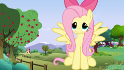 Size: 900x506 | Tagged: safe, artist:bronyheartu, artist:comfydove, fluttershy, pegasus, pony, apple bloom's bow, bow, giant pony, hair bow, macro, solo, sweet apple acres