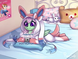 Size: 1927x1457 | Tagged: safe, artist:confetticakez, oc, oc only, oc:spectral wind, pegasus, pony, bed, clothes, costume, female, mare, pokémon, solo, sylveon, video game