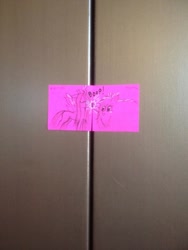 Size: 600x800 | Tagged: safe, artist:postitpony, derpibooru import, queen chrysalis, oc, oc:fluffle puff, changeling, changeling queen, elevator, nightmare nights dallas, sticky note