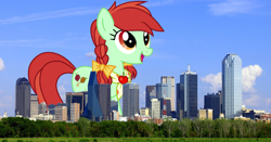 Size: 2131x1116 | Tagged: safe, artist:auskeldeo, candy apples, pony, apple family member, building, city, dallas, giant pony, irl, macro, photo, ponies in real life