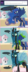 Size: 660x1645 | Tagged: safe, artist:mixermike622, derpibooru import, nurse redheart, princess luna, queen chrysalis, oc, oc:fluffle puff, alicorn, changeling, changeling queen, pony, ask, bear trap, hospital, tumblr, tumblr:ask fluffle puff