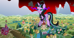 Size: 1829x946 | Tagged: safe, artist:auskeldeo, artist:dashiemlpfim, edit, screencap, alicorn, pony, equestria, evil, giant pony, macro, magic, ponyville, princess, twivine sparkle