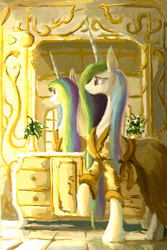 Size: 886x1330 | Tagged: safe, artist:plainoasis, princess celestia, alicorn, pony, bathrobe, cabinet, clothes, loose hair, mirror, missing accessory, raised hoof, reflection, robe, sad, solo