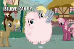 Size: 260x173 | Tagged: safe, cheerilee, derpy hooves, doctor whooves, oc, oc:fluffle puff, pegasus, pony, animated, faceplant, female, fluffy, i believe i can fly, image macro, lowres, mare