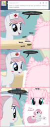 Size: 660x1645 | Tagged: safe, artist:mixermike622, nurse redheart, oc, oc:fluffle puff, bell, blushing, drawing, hospital, syringe, tumblr:ask fluffle puff