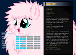 Size: 1100x800 | Tagged: safe, artist:pika-robo, oc, oc only, oc:fluffle puff, bio, fluffy, profile, ultimate marvel vs capcom 3