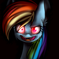 Size: 1600x1600 | Tagged: safe, artist:snowbunny0820, rainbow dash, pegasus, pony, black background, bust, dark, glowing eyes, portrait, simple background, solo