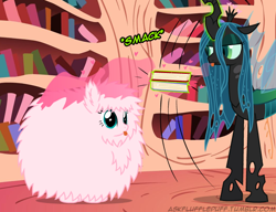 Size: 650x500 | Tagged: safe, artist:mixermike622, derpibooru import, queen chrysalis, oc, oc:fluffle puff, changeling, changeling queen, book, derpibooru, magic