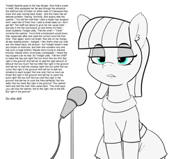 Size: 1500x1376 | Tagged: safe, artist:pabbley, edit, maud pie, earth pony, pony, butt kiss, fat, female, grammar error, mare, maud the comedian, microphone, monochrome, neo noir, open mouth, partial color, solo, stand-up comedy, text, tl;dr, twilard sparkle, twilight burgkle