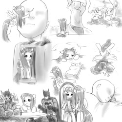 Size: 2000x2000 | Tagged: safe, artist:alloyrabbit, fluttershy, oc, oc:anon, human, author:8th-sin, author:eighth, batman, boop, comic, cuddling, cute, micro, monochrome, sleeping, snuggling, thrall, tiny ponies, toaster, zzz