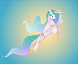 Size: 868x712 | Tagged: safe, artist:kilo, princess celestia, alicorn, pony, backlighting, eyes closed, female, flying, mare, sky, solo