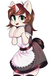 Size: 3183x4891 | Tagged: safe, artist:yukomaussi, oc, oc only, oc:light landstrider, pony, unicorn, absurd resolution, bipedal, clothes, cute, green eyes, looking at you, maid, rule 63, simple background, solo, white background