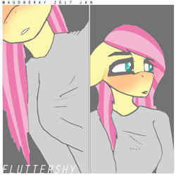 Size: 513x513 | Tagged: safe, artist:itzdatag0ndray, fluttershy, anthro, aesthetics, alternate hairstyle, long mane, long sleeves, selfie, shy, simple background, solo, square