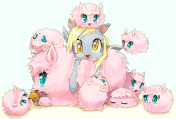 Size: 1232x836 | Tagged: dead source, safe, artist:tonito, derpy hooves, oc, oc:fluffle puff, pegasus, pony, :p, :t, cute, derpabetes, eyes closed, female, flufflebetes, fluffy, frown, licking, looking at you, mare, muffin, multeity, nom, on back, open mouth, pixiv, prone, scrunchy face, sleeping, smiling, tongue out, upside down, weapons-grade cute, wide eyes