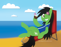 Size: 1800x1391 | Tagged: safe, artist:b-cacto, oc, oc only, oc:prickly pears, earth pony, pony, beach, chair, coconut, coconut cup, drink, flower in hair, food, lineless, one eye closed, solo, wink
