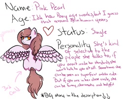 Size: 1600x1299 | Tagged: safe, artist:cysd16, oc, oc only, oc:pink pearl, pegasus, pony, ballerina, brown mane, daughter, looking at you, looking back, looking back at you, model, orange eyes, pastel, reference sheet, simple background, single, sisters, solo, white background