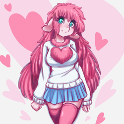 Size: 1024x1024 | Tagged: safe, artist:tolsticot, oc, oc only, oc:fluffle puff, anthro, anthro oc, breasts, busty fluffle puff, clothes, colored sketch, cute, female, floppy ears, flufflebetes, heart, looking at you, ocbetes, pleated skirt, skirt, smiling, smiling at you, socks, solo, sweater, thigh highs, zettai ryouiki