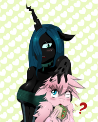 Size: 1896x2360 | Tagged: safe, artist:traupa, derpibooru import, queen chrysalis, oc, oc:fluffle puff, anthro, changeling, changeling queen, blushing, breasts, canon x oc, chrysipuff, cleavage, clothes, derpibooru, female, fingerless gloves, food, gloves, lesbian, queen chrysaltits, shipping, taco