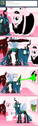 Size: 650x2125 | Tagged: safe, artist:mixermike622, derpibooru import, queen chrysalis, oc, oc:fluffle puff, oc:marksaline, changeling, changeling queen, pony, ask, canon x oc, chrysipuff, clothes, comic, costume, defenestration, derpibooru, female, lesbian, maid, shipping, tumblr, tumblr:ask fluffle puff