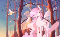 Size: 2560x1600 | Tagged: safe, artist:gianghanz, princess celestia, alicorn, pony, cewestia, cloud, digital art, eyes closed, female, filly, missing accessory, pink mane, pink-mane celestia, smiling, solo, spring, tree, young celestia, younger