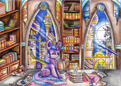 Size: 3468x2457 | Tagged: safe, artist:lunar-white-wolf, nightmare moon, princess celestia, twilight sparkle, oc, oc:fluffle puff, alicorn, pony, book, bookshelf, canterlot, elements of harmony, magic, mare in the moon, moon, solo, studying, telekinesis, telescope, traditional art