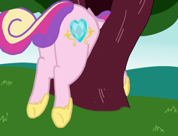 Size: 1280x977 | Tagged: safe, artist:/d/non, edit, princess cadance, alicorn, pony, fat, female, lovebutt, mare, princess decadence, solo, stuck, the ass is monstrously oversized for tight entrance, tree, underhoof