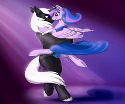 Size: 2086x1728 | Tagged: safe, artist:mythpony, oc, oc only, oc:black star, oc:felicity, pegasus, pony, unicorn, bipedal, clothes, dancing, dress, female, male, mare, oc x oc, shipping, size difference, stallion, suit