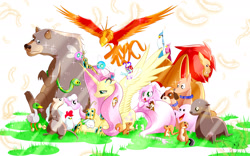 Size: 1920x1200 | Tagged: safe, artist:phoenixperegrine, derpibooru import, angel bunny, fluttershy, manny roar, oc, oc:fluffle puff, alicorn, bear, bird, duck, manticore, parasprite, phoenix, pig, pony, sea lion, seal, sheep, snake, alicornified, animal, feather, fluttercorn, jewelry, princess fluttershy, race swap, regalia