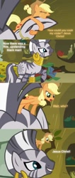 Size: 423x1000 | Tagged: safe, edit, edited screencap, screencap, applejack, zecora, earth pony, pony, zebra, bridle gossip, appletini, avenue q, comic, duo, jesus christ, joke, micro, screencap comic