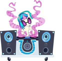 Size: 6643x6526 | Tagged: safe, artist:pink1ejack, dj pon-3, vinyl scratch, pony, unicorn, absurd resolution, fan series, female, glowing horn, guardians of harmony, headphones, hooves, horn, magic, mare, music notes, simple background, smiling, solo, speakers, sunglasses, teeth, that was fast, toy, toy interpretation, transparent background, vector