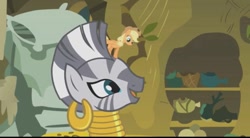 Size: 960x528 | Tagged: safe, screencap, applejack, zecora, earth pony, pony, zebra, bridle gossip, appletini, micro