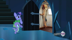 Size: 854x480 | Tagged: safe, spike, twilight sparkle, dragon, pony, unicorn, door, exploitable meme, female, horn, hub logo, male, mare, meme, multicolored mane, open mouth, purple coat, scp, scp-173, stairs, the scary door