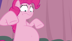 Size: 1920x1080 | Tagged: safe, artist:maxman, edit, edited screencap, screencap, pinkie pie, earth pony, pony, a trivial pursuit, belly, belly button, big belly, fat, fat edit, food baby, need to go on a diet, need to lose weight, pregnant, pregnant edit, pudgy pie