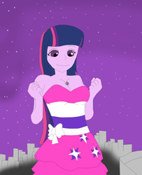 Size: 1700x2091 | Tagged: safe, artist:final7darkness, spike, twilight sparkle, twilight sparkle (alicorn), dog, equestria girls, between breasts, breasts, city, clothes, dress, fall formal, fall formal outfits, female, giantess, macro, night, request, requested art, size difference, sky, spike the dog, stars, this is our big night, twilight ball dress