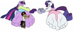 Size: 1280x572 | Tagged: safe, artist:silverscarf, rarity, twilight sparkle, oc, anthro, plantigrade anthro, barefoot, feet, foot fetish, foot focus, giant anthro, looking back, macro, massage, micro, sandals