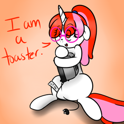 Size: 1200x1200 | Tagged: safe, artist:fullmetalpikmin, oc, oc only, oc:righty tighty, pony, unicorn, floppy ears, glasses, ponytail, scp, scp-426, solo, toaster