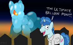 Size: 1610x1000 | Tagged: safe, artist:phallen1, party favor, 30 minute art challenge, backwards cutie mark, balloon animal, balloon pony, clothes, crazy face, destruction, faic, fire, giant balloon pony, i didn't listen, insanity, lab coat, macro, mad scientist