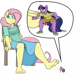 Size: 1261x1280 | Tagged: safe, artist:silverscarf, fluttershy, twilight sparkle, anthro, plantigrade anthro, barefoot, feet, foot fetish, foot tapping, giantess, micro, tapping, unaware