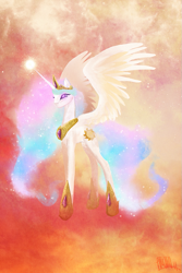 Size: 667x1001 | Tagged: safe, artist:cosmicunicorn, princess celestia, alicorn, pony, abstract background, female, glowing eyes, glowing horn, mare, pretty, solo, spread wings