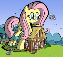 Size: 800x731 | Tagged: safe, artist:labba94, cloudchaser, flitter, fluttershy, pegasus, pony, giantess, house, macro, size difference, tree