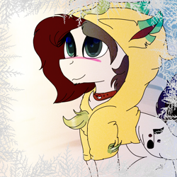 Size: 2000x2000 | Tagged: safe, artist:brokensilence, edit, oc, oc only, oc:mira songheart, blushing, chest fluff, clothes, collar, cute, hoodie, leafeon, pokémon, ponysona, solo, wallpaper, wallpaper edit