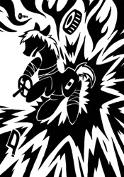 Size: 748x1067 | Tagged: safe, artist:sunnyclockwork, abstract background, accident, black and white, car accident, car crash, dr. gerald, explosion, grayscale, monochrome, scp, scp foundation, scp-666-j, solo