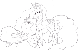 Size: 1000x650 | Tagged: safe, artist:suikuzu, princess celestia, princess luna, alicorn, pony, female, lineart, mare, monochrome, simple background