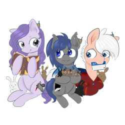 Size: 5000x5000 | Tagged: safe, artist:afuna, oc, oc:afuna, oc:lative, oc:midnight feathers, bat, bat pony, earth pony, parrot, pony, rabbit, 2019 community collab, absurd resolution, armor, book, clothes, console, cutie mark, derpibooru community collaboration, feather, female, freckles, keycard, lying, male, omnicard, scarf, scp, screen, simple background, sitting, thaumonomicon, transparent background, wrench