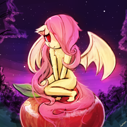 Size: 750x750 | Tagged: safe, artist:lumineko, fluttershy, anthro, plantigrade anthro, apple, barefoot, feet, flutterbat, hair over one eye, micro, nudity, shy, solo