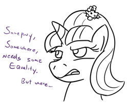 Size: 500x411 | Tagged: safe, artist:jargon scott, party favor, starlight glimmer, pony, unicorn, dialogue, hair, macro, micro, monochrome, size difference, tiny ponies