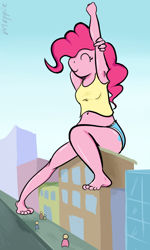 Size: 768x1280 | Tagged: safe, artist:moppiethedawg, pinkie pie, anthro, plantigrade anthro, armpits, barefoot, belly button, building, city, clothes, daisy dukes, eyes closed, feet, giantess, macro, midriff, stretching, tanktop