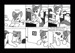 Size: 2168x1534 | Tagged: safe, artist:scyphi, apple bloom, pony, calvin and hobbes, comic, giant pony, giantess, growth, macro, monochrome