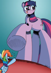 Size: 1250x1761 | Tagged: safe, artist:labba94, rainbow dash, twilight sparkle, pegasus, pony, crush fetish, giantess, macro, micro, scared, size difference, smoldash, unaware