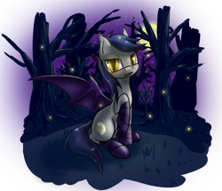 Size: 1500x1287 | Tagged: safe, artist:hieronymuswhite, oc, oc only, oc:echo, bat pony, firefly (insect), pony, clothes, forest, moon, night, slenderman, socks, solo, striped socks, tree